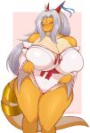  2022 2_horns accessory aisyah_zaskia_harnny anthro armwear asian_clothing bedroom_eyes big_breasts biped blush breast_squish breasts claws cleavage clothed clothing clothing_pull curvy_figure detached_sleeves dragon east_asian_clothing female front_view furgonomics grey_hair hair harnny hi_res high_cut_miko_outfit horn huge_breasts japanese_clothing jewelry long_hair looking_at_viewer miko_outfit multicolored_body narrowed_eyes open_mouth orange_body portrait ribbons ring sash scalie seductive signature simple_background slightly_chubby solo squish standing tail tail_accessory tail_jewelry tail_ring tan_body thick_thighs three-quarter_portrait two_tone_body voluptuous wide_hips yellow_eyes 