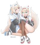  2girls animal_ears aquarake collar dog_ears dog_tail fangs fishnets fuwawa_abyssgard highres hololive hololive_english mococo_abyssgard multiple_girls non-web_source perroccino_(fuwamoco) shoes siblings sneakers tail thighhighs thighs twins 