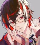  1boy adjusting_eyewear bishounen brown_hair colored_inner_hair ear_piercing gem highres long_sleeves looking_at_viewer male_focus multicolored_hair nu_carnival parted_lips piercing red_eyes red_hair short_hair slit_pupils xuripit yakumo_(nu_carnival) yellow-framed_eyewear 