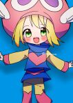  1girl amitie_(puyopuyo) blonde_hair blue_background blush green_eyes long_sleeves looking_at_viewer open_mouth puyopuyo puyopuyo_fever red_headwear solo wenicon_0410 wings 