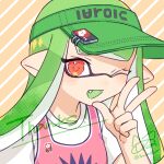  1girl commentary_request commission eyelashes fang green_eyes green_headwear inkling inkling_girl inuowour lock long_hair one_eye_closed open_mouth pointy_ears red_eyes smile solo splatoon_(series) thank_you visor_cap w 