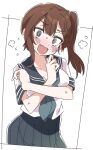  1girl @_@ black_eyes black_skirt blush breasts brown_hair cleavage grey_neckerchief ixy kotobuki_hisako looking_at_viewer medium_breasts medium_hair neckerchief open_mouth school_uniform seitokai_nimo_anawa_aru! serafuku shirt short_sleeves side_ponytail simple_background skirt solo white_background white_shirt 