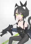  1girl absurdres animal_ear_fluff animal_ears black_choker black_gloves black_hair black_leotard black_pantyhose black_ribbon blush breasts cat_ears cat_tail choker collarbone elbow_gloves english_commentary extended_magazine gloves gradient_background green_eyes gun h&amp;k_mp7 hair_ribbon highres holding holding_gun holding_weapon jacket leotard load_bearing_equipment looking_at_viewer nontraditional_playboy_bunny open_clothes open_jacket original oversized_breast_cup pantyhose parted_lips ribbon short_hair simple_background small_breasts smile solo srtdrawart strapless strapless_leotard submachine_gun tail trigger_discipline weapon white_background 