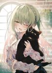  1girl ;d animal_hug black_cat blurry blurry_background blush braid breasts brick_wall cat cecilia_(shiro_seijo_to_kuro_bokushi) clothing_cutout commentary_request crown_braid day depth_of_field dress floral_print green_eyes green_hair hair_between_eyes hanging_plant indoors kazutake_hazano long_hair medium_breasts multicolored_hair object_hug one_eye_closed pink_hair plant potted_plant print_dress shiro_seijo_to_kuro_bokushi shoulder_cutout smile solo sunlight two-tone_hair very_long_hair white_dress window 