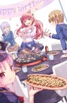  4girls aikawa_megumi birthday_party breasts food green_eyes happy_birthday heaven_burns_red highres izumi_yuki_(heaven_burns_red) jacket kayamori_ruka kunimi_tama long_hair multiple_girls pink_hair red_ribbon ribbon shirt taka.yana takoyaki two_side_up white_shirt 