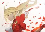  1girl aestus_estus ahoge blonde_hair breasts cleavage_cutout clothing_cutout dress epaulettes fate/extra fate_(series) green_eyes hair_intakes hair_ribbon juliet_sleeves large_breasts long_hair long_sleeves nero_claudius_(fate) nero_claudius_(fate/extra) no-kan petals puffy_sleeves red_dress red_ribbon ribbon solo sword weapon 