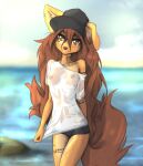  2023 anthro apogee_(tinygaypirate) arm_tattoo big_tail bottomwear breasts brown_body brown_eyes brown_fur brown_hair canid canine canis casual_exposure chest_tattoo clothed clothing digital_media_(artwork) domestic_dog ear_piercing female fur hair hat headgear headwear hi_res hotpants leg_tattoo long_hair looking_at_viewer mammal multicolored_body multicolored_fur nipples nipples_visible_through_clothing no_underwear piercing pulling_clothing sea shaded shirt shorts small_breasts smile smiling_at_viewer solo spotted_nipples standing tail tattoo tinygaypirate topwear translucent translucent_clothing two_tone_body two_tone_fur wardrobe_malfunction water wet wet_body wet_clothing white_clothing white_shirt white_topwear 