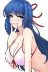  1girl alternate_costume bangs bare_shoulders bikini blue_eyes blue_hair breasts caeda_(fire_emblem) cleavage commentary_request fire_emblem fire_emblem:_shadow_dragon_and_the_blade_of_light grin hair_ribbon hand_up highres large_breasts long_hair looking_at_viewer navel nirainini red_ribbon ribbon simple_background smile solo stomach swimsuit upper_body v very_long_hair white_background white_bikini 