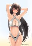  1girl absurdres arms_behind_head arms_up bikini black_hair breasts cleavage cowboy_shot criss-cross_halter facing_viewer halterneck highres kantai_collection large_breasts long_hair looking_to_the_side nagato_(kancolle) official_alternate_costume one-hour_drawing_challenge red_eyes rekka_yamato sideways_glance simple_background solo swimsuit white_background white_bikini 