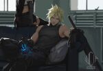  1boy 1girl artist_name bare_shoulders belt black_gloves black_hair black_pants black_skirt black_thighhighs blonde_hair blue_eyes buster_sword closed_mouth cloud_strife commentary couch crop_top elbow_gloves english_commentary final_fantasy final_fantasy_vii final_fantasy_vii_remake gloves head_out_of_frame highres holding indoors long_hair low-tied_long_hair lucia_hsiang materia multiple_belts on_couch pants sitting skirt sleeveless sleeveless_turtleneck spiked_hair sweater sword tank_top thighhighs tifa_lockhart toned toned_male turtleneck turtleneck_sweater weapon white_tank_top window 