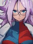  1girl android_21 black-framed_eyewear blue_eyes breasts checkered_clothes checkered_dress closed_mouth dragon_ball dragon_ball_fighterz dress glasses grey_background hair_between_eyes kemachiku lab_coat long_hair looking_at_viewer majin_android_21 medium_breasts pink_hair simple_background solo upper_body 