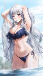  1girl arms_behind_head bikini blue_bikini blue_eyes breasts cleavage day gijang hair_tie_in_mouth highres large_breasts lenhee_(kaito) linea_alba long_hair mouth_hold navel original outdoors partially_submerged side-tie_bikini_bottom solo standing swimsuit tying_hair white_hair 