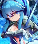  1girl auris_(sequel) black_hairband blue_eyes blue_hair bra breasts bright_pupils cleavage closed_mouth coat flower frown fur_collar gauntlets grey_bra hair_between_eyes hairband holding holding_sword holding_weapon kredorf light_particles long_hair long_sleeves medium_breasts midriff navel sequel_(series) sequel_colony sidelocks solo sword underwear v-shaped_eyebrows weapon white_coat white_flower white_pupils 