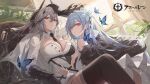  2girls azur_lane between_breasts black_necktie blue_butterfly blue_hair breasts bug butterfly chair cleavage coat copyright_name crossed_bangs dress flower fur-trimmed_coat fur_trim grey_hair hair_flower hair_ornament highres horns kursk_(azur_lane) large_breasts long_hair mechanical_horns multiple_girls necktie necktie_between_breasts official_art plant red_eyes very_long_hair very_long_sleeves voroshilov_(azur_lane) white_coat white_dress window zutsuyaku 