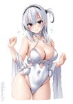  1girl blush breasts casual_one-piece_swimsuit choker cleavage collarbone cosplay covered_navel cowboy_shot criss-cross_halter cropped_legs ebifurya grey_eyes grey_hair groin hair_between_eyes halterneck highleg highleg_swimsuit highres kantai_collection large_breasts long_hair looking_at_viewer one-hour_drawing_challenge one-piece_swimsuit one_side_up open_mouth sagiri_(kancolle) sagiri_(kancolle)_(cosplay) side-tie_swimsuit simple_background smile solo suzutsuki_(kancolle) swimsuit twitter_username white_background white_choker white_one-piece_swimsuit 