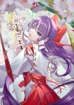  1girl absurdres blurry blurry_background bow branch cherry_blossoms falling_petals floating_hair guumin hair_bow hair_tubes hakama hakama_skirt hakurei_reimu hakurei_reimu_(pc-98) half_updo hands_up highres hip_vent holding holding_branch japanese_clothes large_bow long_hair looking_at_viewer miko open_mouth petals purple_eyes purple_hair red_bow red_hakama red_ribbon ribbon ribbon-trimmed_sleeves ribbon_trim sidelocks skirt solo touhou touhou_(pc-98) upper_body very_long_hair wind 