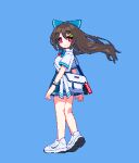  1girl bag blue_background blue_bow blue_skirt bow bracelet brown_hair commentary english_commentary full_body hair_bow hair_ornament hairclip highres jewelry long_hair looking_at_viewer pixel_art red_eyes reiuji_utsuho school_bag school_uniform sechy serafuku shoes simple_background skirt smile sneakers solo touhou white_footwear 