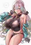  1girl bare_shoulders bikini black_bikini black_gloves blush breasts collarbone cupitan_(granblue_fantasy) cupitan_(summer)_(granblue_fantasy) gloves gradient_hair granblue_fantasy green_eyes green_hair grey_hair highres himuro_shunsuke huge_breasts jacket long_hair long_sleeves looking_at_viewer low_twintails multicolored_hair navel off_shoulder official_alternate_costume open_clothes open_jacket sideboob sitting solo stomach swimsuit thighs twintails very_long_hair 