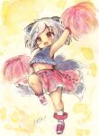  1girl black_shirt dog_girl dog_tail full_body holding holding_pom_poms kouba mitsugashira_enoko multiple_tails navel open_mouth pink_eyes pink_skirt pom_pom_(cheerleading) red_eyes shirt signature skirt solo tail touhou traditional_media yellow_background 