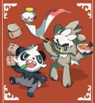  animal_focus black_sclera chimecho chopsticks colored_sclera dumpling floating food highres holding holding_food kubfu leaf no_humans oisisabatugun open_mouth pancham panda pokemon pokemon_(creature) red_background teeth white_eyes yellow_eyes 