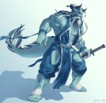  1boy abs arm_hair bara beard blue_hair chest_hair chinese_clothes clothing_cutout costume_request dragon_boy dragon_horns dragon_tail facial_hair full_body hairy holding holding_sword holding_weapon horns large_pectorals leg_hair long_beard looking_to_the_side male_focus mature_male multicolored_hair muscular muscular_male navel_hair old old_man original pectorals pelvic_curtain rollingstonex6 short_hair sideburns sidepec sleeveless solo standing stomach sword tail thick_thighs thigh_cutout thighs two-tone_hair weapon white_hair 