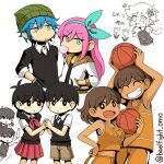  4girls 5boys aubrey_(faraway)_(omori) aubrey_(omori) basil_(faraway)_(omori) basil_(omori) black_eyes black_hair blue_hair breasts bright_pupils brown_hair candy chewing_gum closed_eyes dark-skinned_female dark-skinned_male dark_skin flower food genderswap genderswap_(ftm) genderswap_(mtf) green_eyes grin hair_flower hair_ornament hairband kel_(faraway)_(omori) kel_(omori) lollipop long_hair looking_at_viewer miya_(baelfight) multiple_boys multiple_girls navel neckerchief omori omori_(omori) pink_hair pleated_skirt prototype_design red_neckerchief red_skirt short_hair skirt small_breasts smile sunny_(omori) translation_request twitter_username white_pupils 