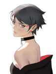  1girl bare_shoulders black_choker black_hair boruto:_naruto_next_generations boruto:_two_blue_vortex choker commentary earrings english_commentary eyelashes glasses grey_eyes highres jewelry looking_at_viewer naruto_(series) neyuiah short_hair simple_background solo spoilers standing uchiha_sarada white_background 