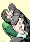  2boys abs artist_name ass bara batman batman_(series) black_cape black_gloves bodysuit bodysuit_pull brown_hair bruce_wayne cape dc_comics domino_mask evinist french_kiss gloves green_bodysuit green_lantern green_lantern_(series) grey_bodysuit hal_jordan hand_on_another&#039;s_ass highres kiss large_pectorals looking_at_another male_focus mask multiple_boys muscular muscular_male pectorals short_hair simple_background tongue tongue_out white_gloves yaoi 