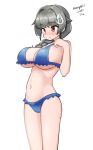  1girl absurdres adapted_costume bikini black_hair blue_bikini braid breasts dated feet_out_of_frame frilled_bikini frills hair_flaps hair_ornament hairclip highres jingei_(kancolle) kantai_collection large_breasts long_hair low_ponytail maru_(marg0613) navel one-hour_drawing_challenge red_eyes single_braid solo standing swimsuit twitter_username 