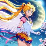  1girl ai-generated bishoujo_senshi_sailor_moon blonde_hair blue_eyes cherry_blossoms closed_mouth cloud cloudy_sky commentary cowboy_shot crescent crescent_facial_mark double_bun elbow_gloves eternal_sailor_moon facial_mark floating_hair flower gloves hair_bun hair_ornament long_hair looking_at_viewer miniskirt moon multicolored_clothes multicolored_skirt pink_ribbon ribbon sailor_moon skirt sky smile solo tsukino_usagi twintails very_long_hair white_gloves white_wings wings 