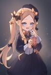  1girl abigail_williams_(fate) black_bow black_dress black_gloves black_headwear blonde_hair blue_eyes blush bow breasts bubble_tea cup disposable_cup dress drinking_straw fate/grand_order fate_(series) forehead gloves hair_bow hat highres long_hair long_sleeves looking_at_viewer miya_(miyaruta) multiple_hair_bows open_mouth orange_bow parted_bangs sidelocks small_breasts smile solo twintails 