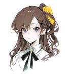  1girl black_ribbon blue_eyes collared_shirt hair_ornament hair_ribbon highres lanbaoshi_ban_de_beihai_wangxiang_shaonu li_meiyuan long_hair looking_at_viewer neck_ribbon parted_lips ribbon shirt side_ponytail simple_background sketch solo white_background white_shirt x_hair_ornament xiaohuaitongxue yellow_ribbon 