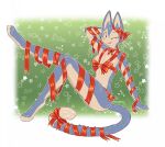  anthro blep blue_body felid feline female fizzy-dog hi_res long_legs mammal one_eye_closed puar_(dragon_ball) ribbons solo tongue tongue_out wink 