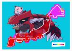  border bright_pupils claws closed_mouth commentary green_background green_eyes groudon highres jigglypuff no_humans on_head open_mouth pokemon pokemon_(creature) pokemon_on_head saiku_(zvlku) sharp_teeth spikes sweatdrop teeth tongue white_border white_pupils 