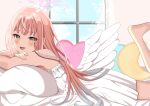  1girl absurdres angel_wings blue_archive blush commentary_request feathered_wings halo highres long_hair looking_at_viewer lying mika_(blue_archive) mui_(08mui_) on_stomach open_mouth pink_hair pink_halo smile solo white_wings wings yellow_eyes 