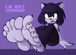  5_fingers 5_toes absurd_res annoyed anthro barefoot bottomwear claws clothing countershade_feet countershading cute_fangs dialogue eulipotyphlan eyelashes fan_character feet female fingers foot_focus hedgehog hi_res humanoid_feet mammal plantigrade sega shazzul_(artist) shorts simple_background soles solo sonic_the_hedgehog_(series) toe_claws toes 