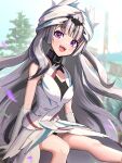  1girl :d absurdres bare_shoulders black_hair blue_sky blush commentary day dress fire_emblem fire_emblem_engage gloves gonzarez grey_hair highres looking_at_viewer multicolored_hair open_mouth outdoors purple_eyes sitting sky sleeveless sleeveless_dress smile solo streaked_hair veyle_(fire_emblem) white_gloves 