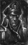  1boy battle_standard commentary commissar english_commentary greyscale hat jacket looking_at_viewer military military_hat military_uniform monochrome officer peaked_cap portrait scar sebastian_yarrick signature simple_background skull skull_ornament solo uniform veronica_anrathi warhammer_40k 