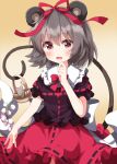  1girl animal_ears copyright_request cosplay frilled_shirt_collar frills highres kagiyama_hina kagiyama_hina_(cosplay) medium_hair mouse_ears mouse_tail nazrin one-hour_drawing_challenge red_skirt ruu_(tksymkw) short_sleeves skirt tail touhou 