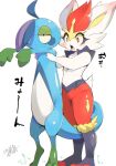  ambiguous_gender anthro blue_body cinderace drizzile duo fur generation_8_pokemon hi_res holding_another nintendo open_mouth pokemon pokemon_(species) red_eyes shaolin_bones simple_background tail white_body white_fur 