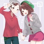  1boy 1girl beanie brown_hair cable_knit cardigan collared_shirt commentary_request gloria_(pokemon) green_headwear grey_background grey_cardigan grey_headwear grin hand_up hat highres holding_hands hooded_cardigan looking_at_viewer nail_polish plaid pokemon pokemon_(game) pokemon_swsh red_shirt shirt sleeves_rolled_up smile swept_bangs tam_o&#039;_shanter teeth translation_request ukocome victor_(pokemon) 