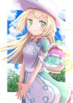  1girl absurdres apron blonde_hair blunt_bangs closed_mouth cloud cloudy_sky day dress green_dress green_eyes hat highres lillie_(pokemon) lillie_(special_costume)_(pokemon) long_hair looking_at_viewer own_hands_together plant pokemon pokemon_(game) pokemon_masters_ex polteageist rono_(lethys) sky smile sun_hat white_headwear 