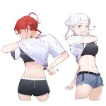  2girls absurdres arashi_chisato artist_request black_shorts black_sports_bra blue_shorts blunt_bangs clothes_lift hair_bun highres lifted_by_self long_hair looking_at_viewer love_live! love_live!_superstar!! midriff multiple_girls navel red_eyes red_hair shirt shirt_lift short_hair short_shorts shorts simple_background smile sports_bra v white_background white_hair white_shirt yoneme_mei 