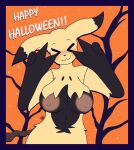  &gt;w&lt; 3_fingers absurd_res anthro areola big_breasts black_body blue_border blush border breasts clothed clothed/nude clothing female fingers generation_7_pokemon halloween halloween_2023 hi_res holidays max_draws mimikyu nintendo nipples nude pokemon pokemon_(species) simple_background smile solo standing 