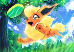  1boy ball cloud commentary dated day falling_leaves fang fetch flareon from_below grass highres irischroma leaf open_mouth outdoors pokemon pokemon_(creature) signature sky tennis_ball tongue tree 