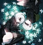  1boy 1girl 2b_(nier:automata) 9s_(nier:automata) ass bag black_blindfold black_footwear black_gloves black_hairband black_shorts blindfold cleavage_cutout closed_mouth clothing_cutout curled_up feather-trimmed_sleeves feather_trim flower gloves glowing glowing_flower green_bag hairband highres lunar_tear lying mura_karuki nier:automata nier_(series) on_side open_mouth parted_lips puffy_sleeves short_hair shorts upskirt white_flower white_hair 