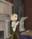  1girl absurdres alice_margatroid blonde_hair blue_eyes chair chimney cup door door_handle highres holding holding_cup holding_newspaper indoors looking_at_object medium_hair newspaper plate reading red_headwear shinkopeishon sitting solo table teacup touhou wooden_door 