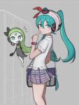  1girl aki_(tyvv3524) bag beanie blush bracelet commentary_request from_side green_eyes green_hair grey_background grey_skirt grin hand_up hat hatsune_miku highres index_finger_raised jewelry long_hair meloetta notice_lines pleated_skirt pokemon pokemon_(creature) project_voltage psychic_miku_(project_voltage) shirt short_sleeves skirt smile standing teeth twintails vocaloid white_headwear white_shirt 