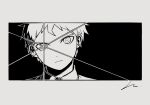  1boy black_background closed_mouth collared_shirt danganronpa_(series) danganronpa_2:_goodbye_despair greyscale hinata_hajime kiri_(2htkz) looking_at_viewer male_focus monochrome serious shirt short_hair signature solo symbol_in_eye white_background 