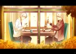  2boys 5_(toriaezu555) bakugou_katsuki black_pants blonde_hair blurry blurry_foreground boku_no_hero_academia bottle brown_shirt bush chair chopsticks collarbone collared_jacket commentary_request cup eating food hair_between_eyes hand_up hands_up holding holding_chopsticks hot_sauce indoors jacket letterboxed long_sleeves looking_down male_focus mug multicolored_hair multiple_boys on_chair open_clothes open_jacket open_mouth pants plate profile red_eyes red_hair red_jacket shirt short_hair sitting spiked_hair split-color_hair sweater table teeth through_window todoroki_shouto two-tone_hair undershirt v-neck white_hair white_sweater window 